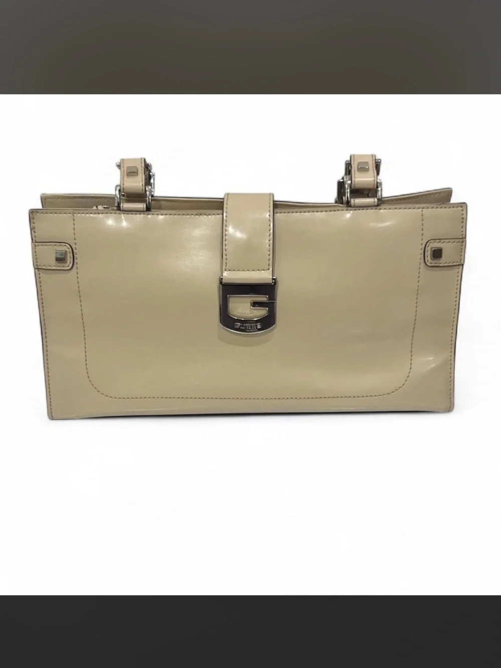 Guess Beige Patent Leather Satchel with Silver Hardware